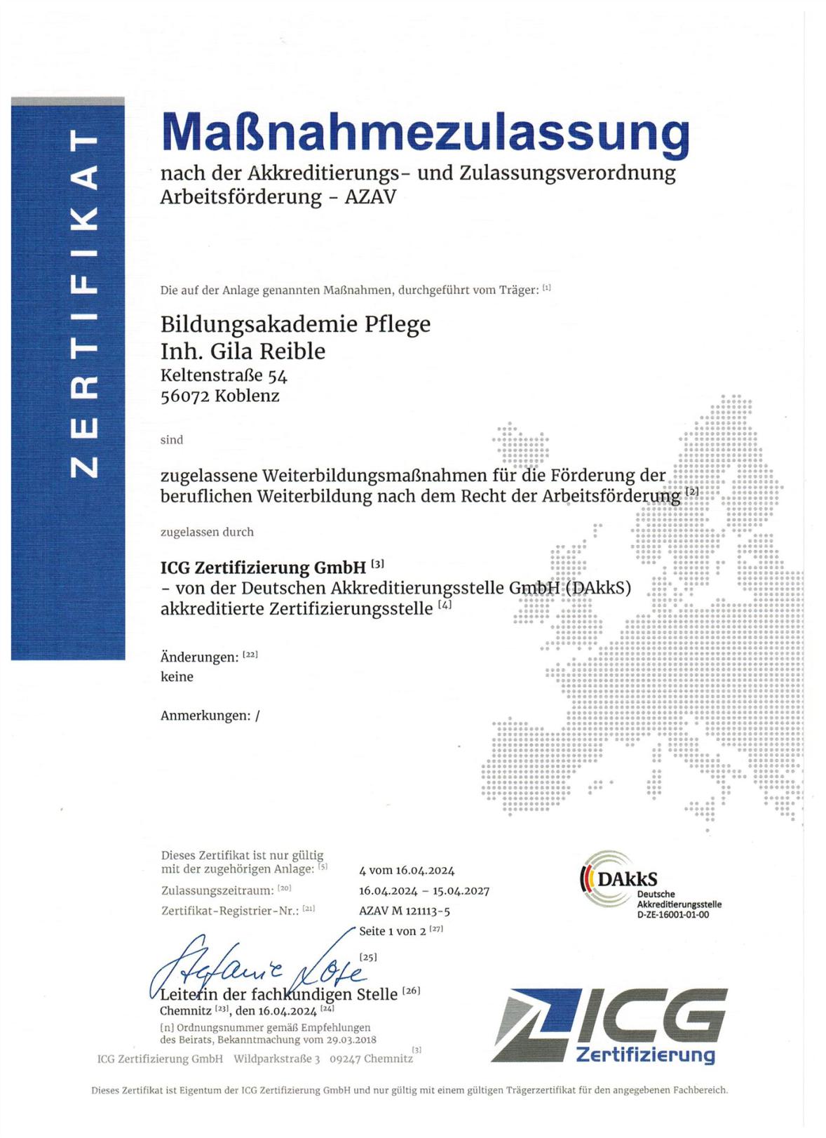 Maßnahmezertifikat 1. Seite